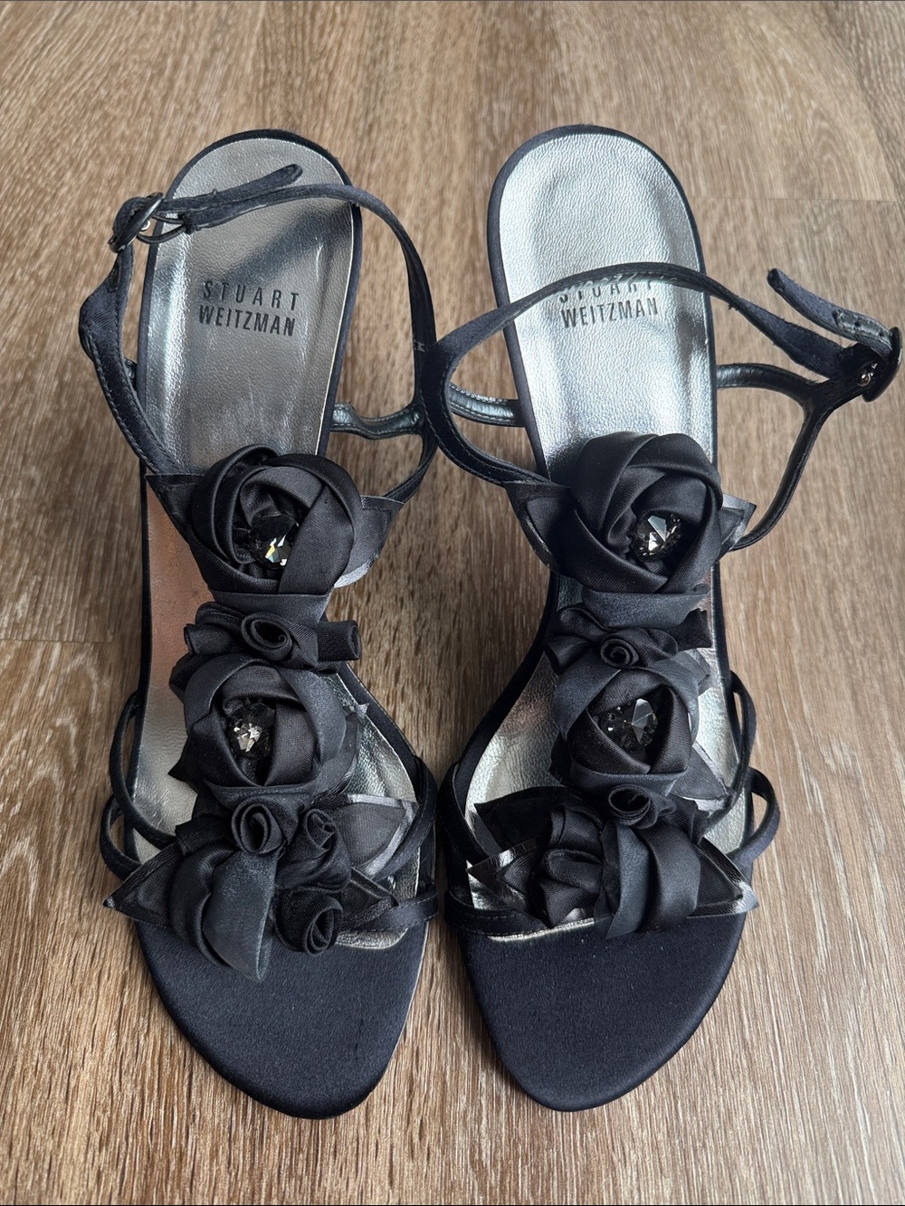 Stuart Weitzman Jardin Black Satin T-Strap Heels